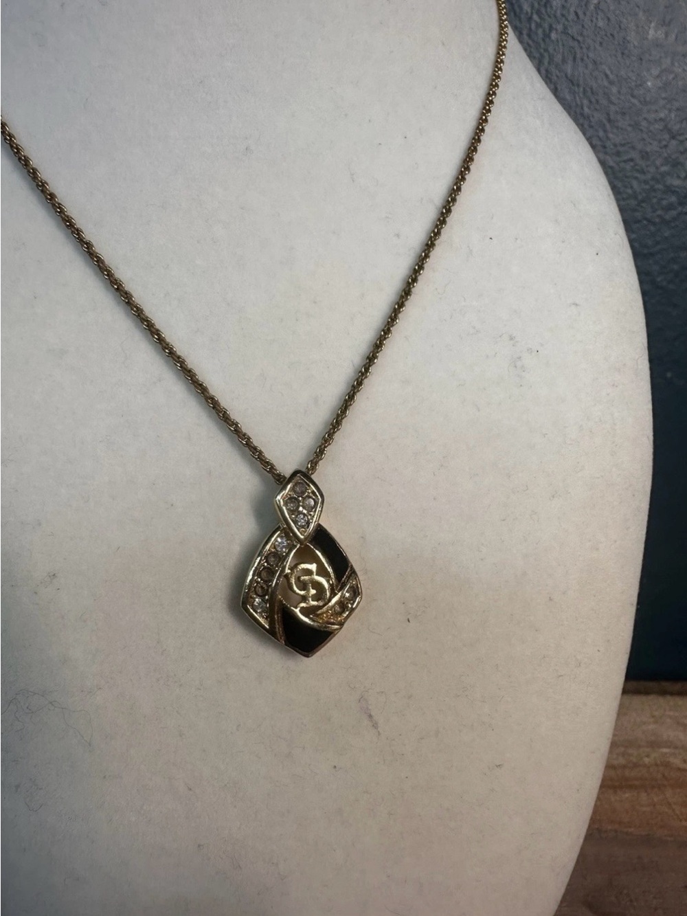Christian Dior Vintage Gold Tone CD Necklace Black Enamel Signed Authentic